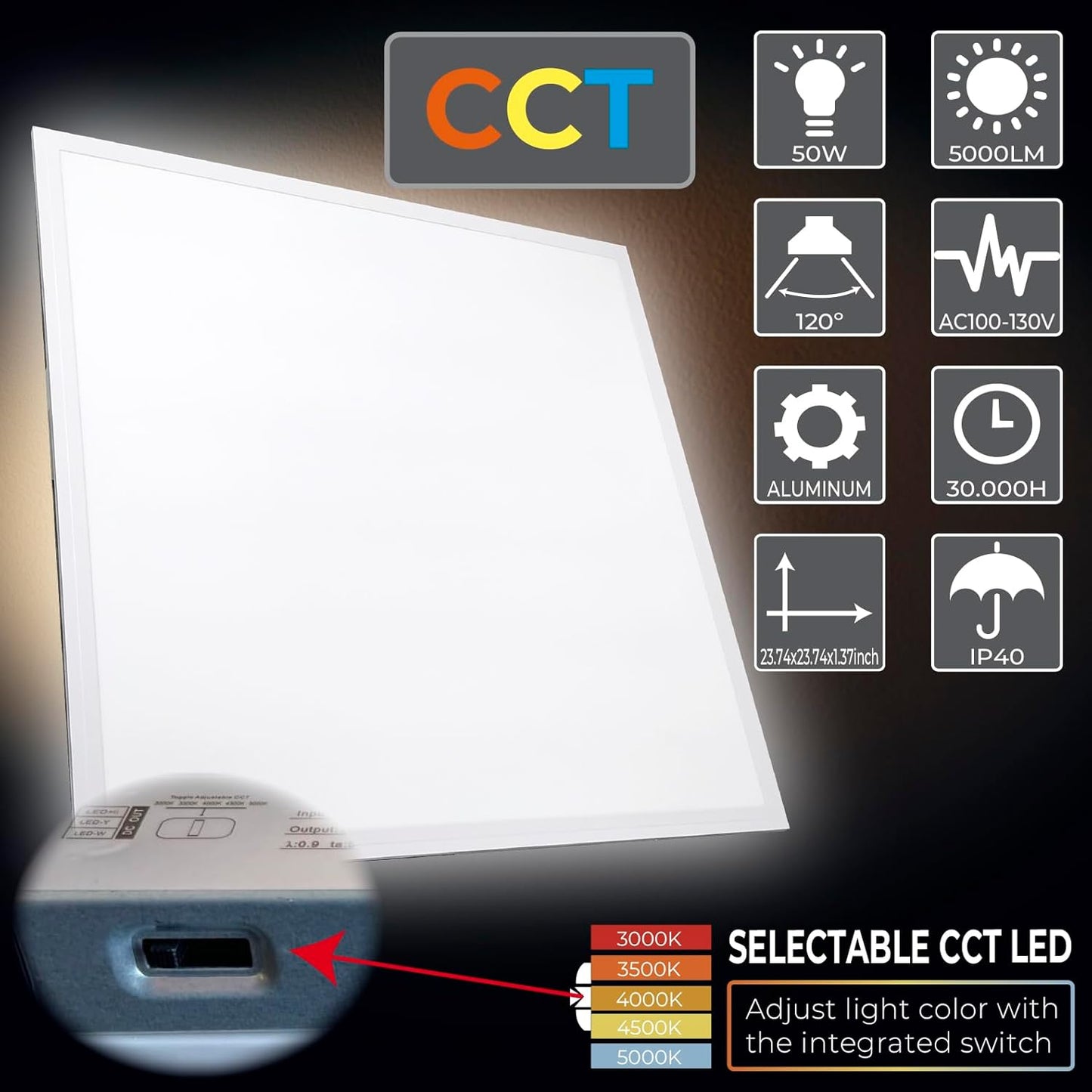 2 Pack 2x2 LED Flat Recessed Panel Light 48W 5000LM, 5 CCT Selectable