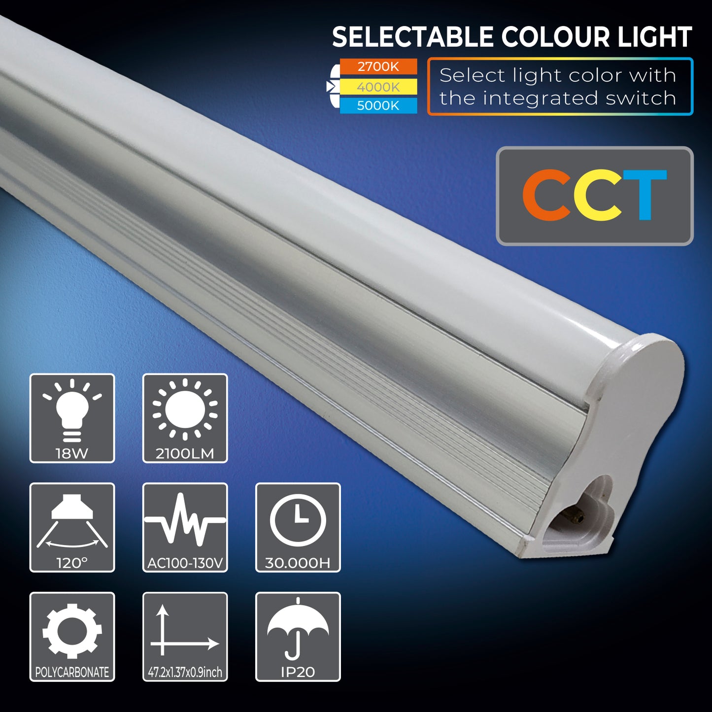 24 Pack 3CCT 4FT LED T5 Integrated Fixture 18W 2100 Lumens, 2700K/4000K/5000K Selectable, Linkable, Ceiling and Under Cabinet Light