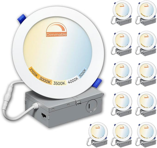 12 Pack - 6 Inch LED Recessed Ceiling Light with Junction Box 12W 1000LM, 5CCT Selectable  Dimmable Can less Downlight