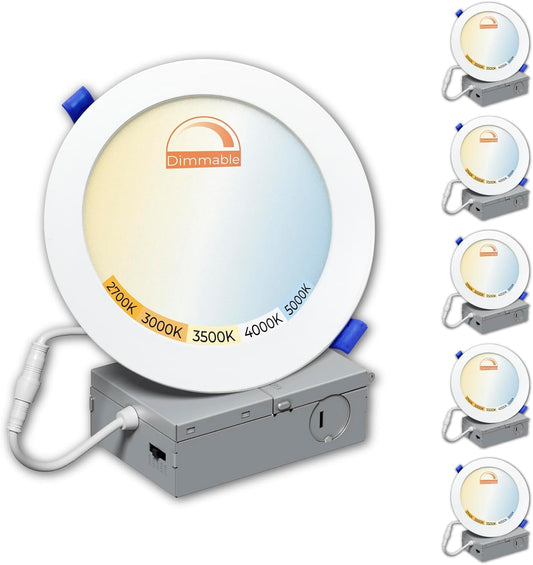 6 Pack 6 Inch LED Recessed Ceiling Light with Junction Box 12W 1000LM, 5CCT Selectable, Dimmable Can less Downlight