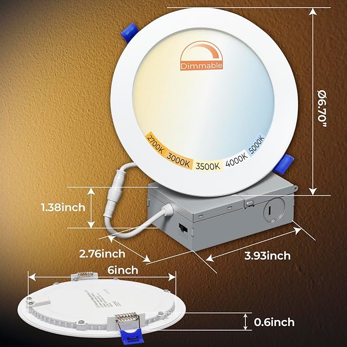6 Pack 6 Inch LED Recessed Ceiling Light with Junction Box 12W 1000LM, 5CCT Selectable, Dimmable Can less Downlight