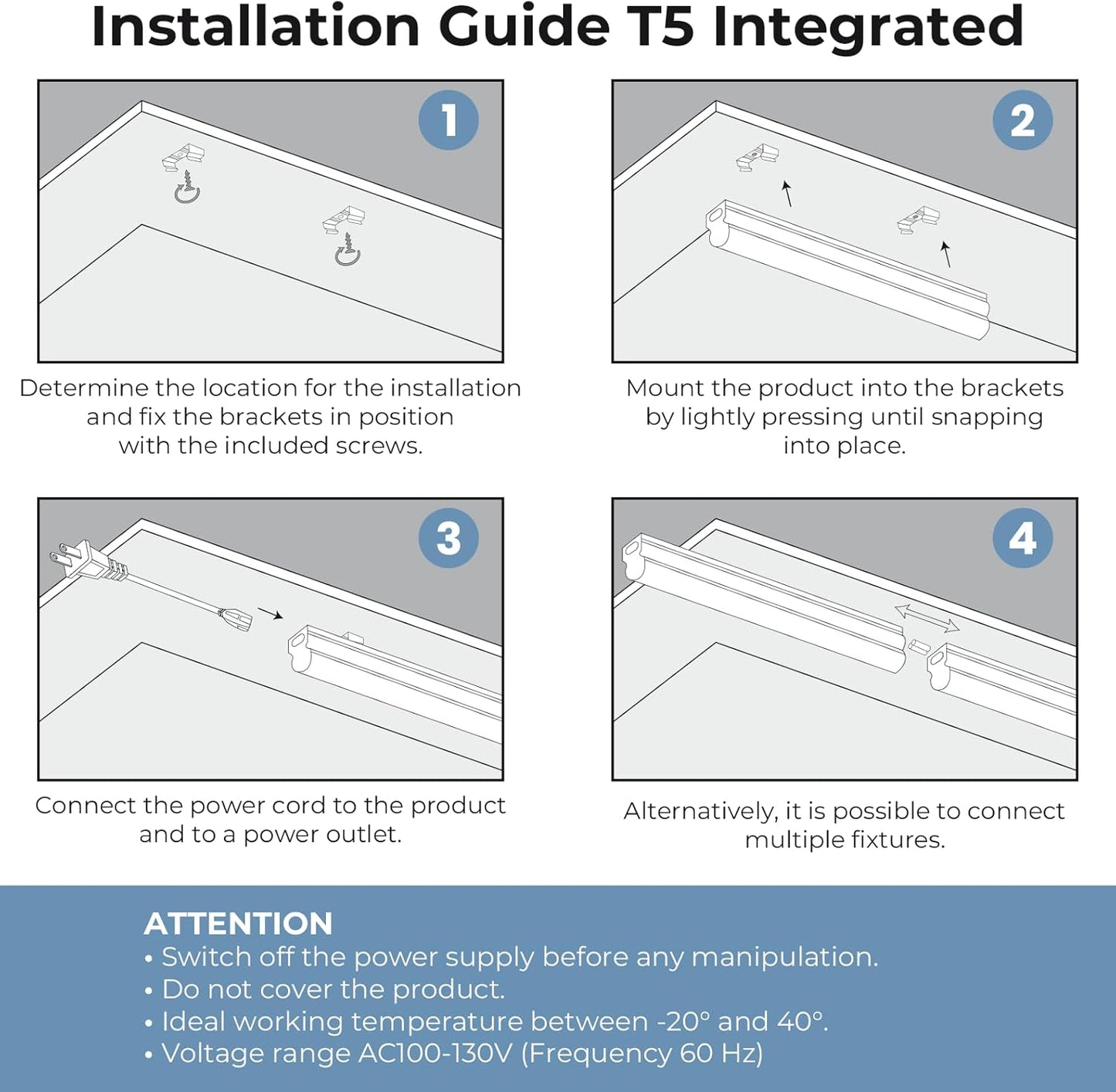 12 Pack - 4FT LED T5 Integrated Fixture 18W 2100 Lumens, Selectable, Linkable Utility Shop Light, Ceiling and Under Cabinet Light, Corded Electric