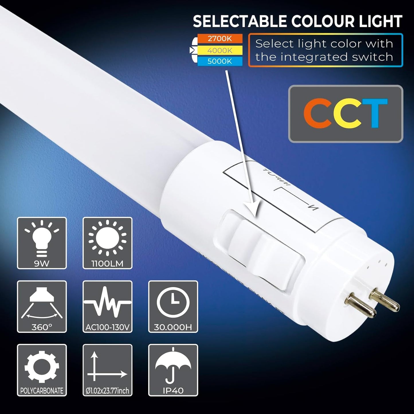 4 Pack 3CCT 4FT LED T8 Type B Light Tube 18W 2200 Lumens, 2700K/4000K/5000K Selectable, Ballast Bypass, Double Ended Connection, Frosted Cover