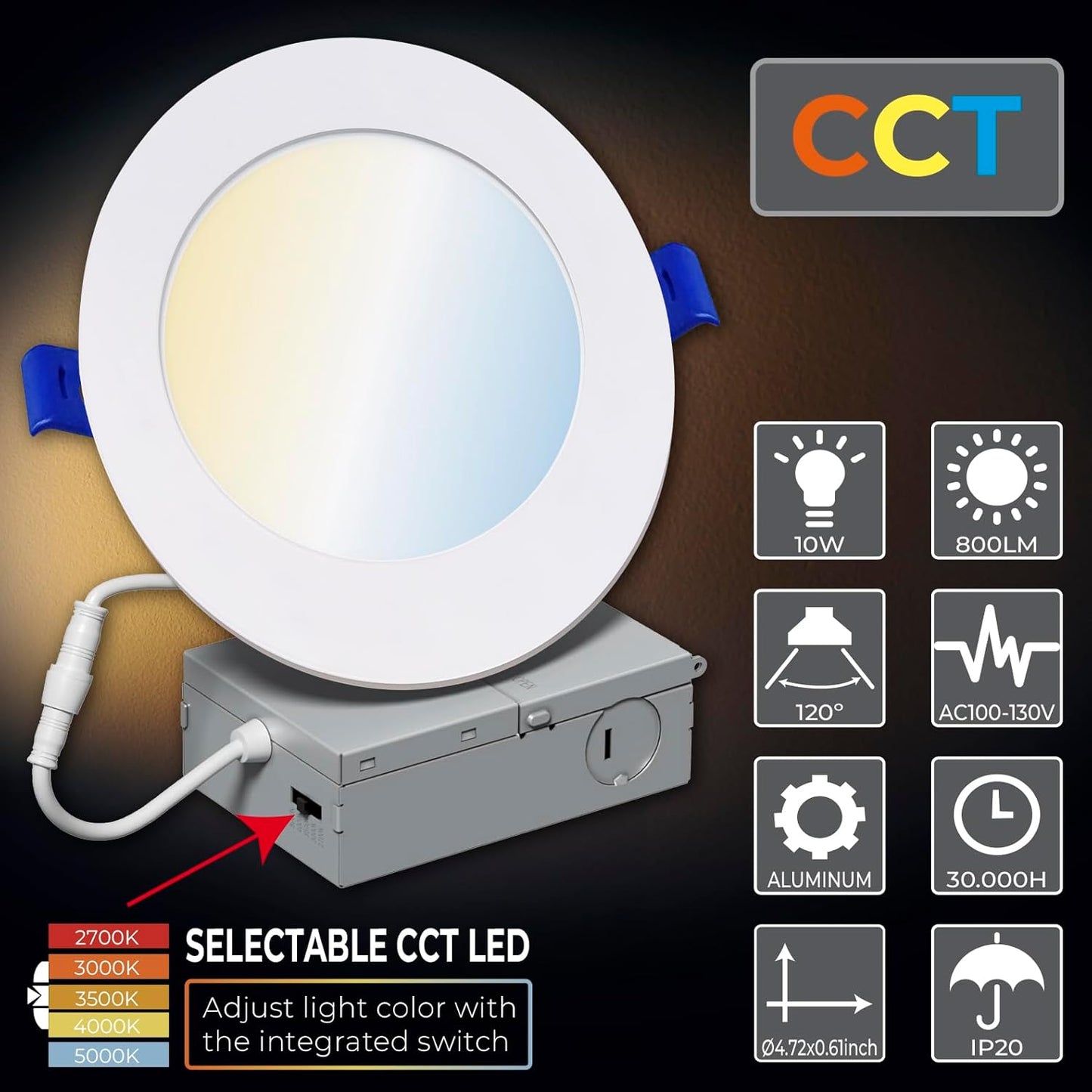2 Pack 4 Inch LED Recessed Ceiling Light with Junction Box - Dimmable Can less Downlight