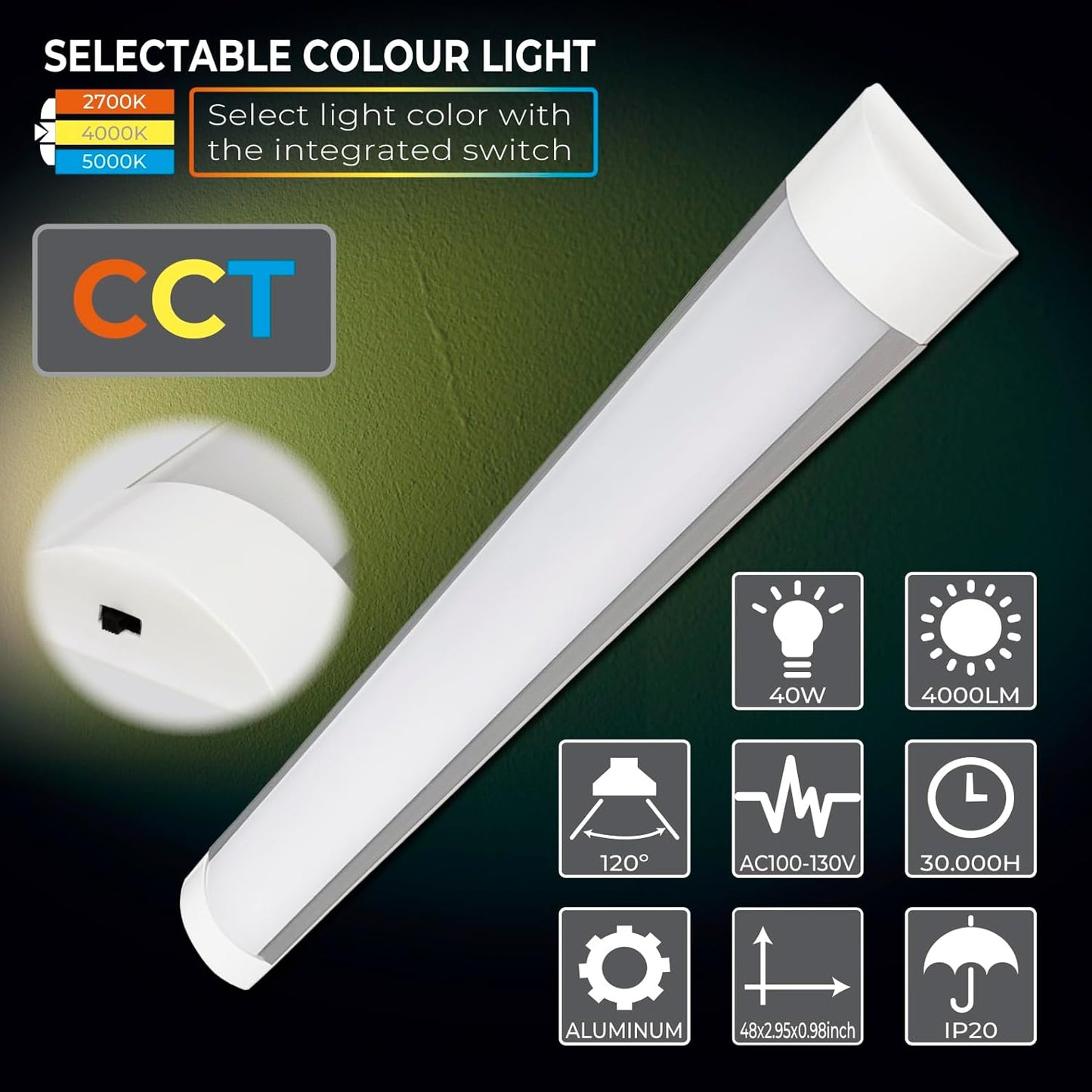 10 Pack - 4FT LED Batten Light 40W 4000 Lumens, LED Wraparound Light Fixture, Flush Mount Office Ceiling Light for Garage, Office, Kitchen
