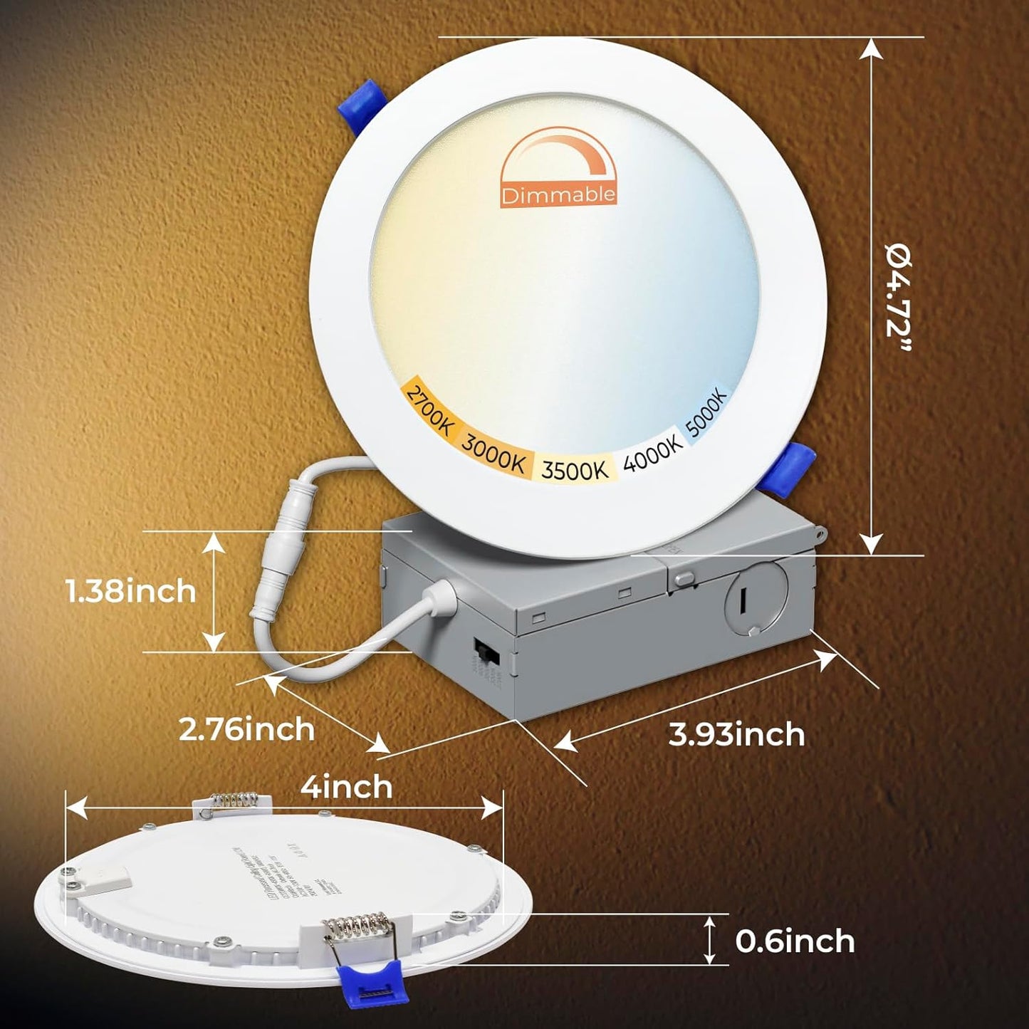 2 Pack 4 Inch LED Recessed Ceiling Light with Junction Box - Dimmable Can less Downlight